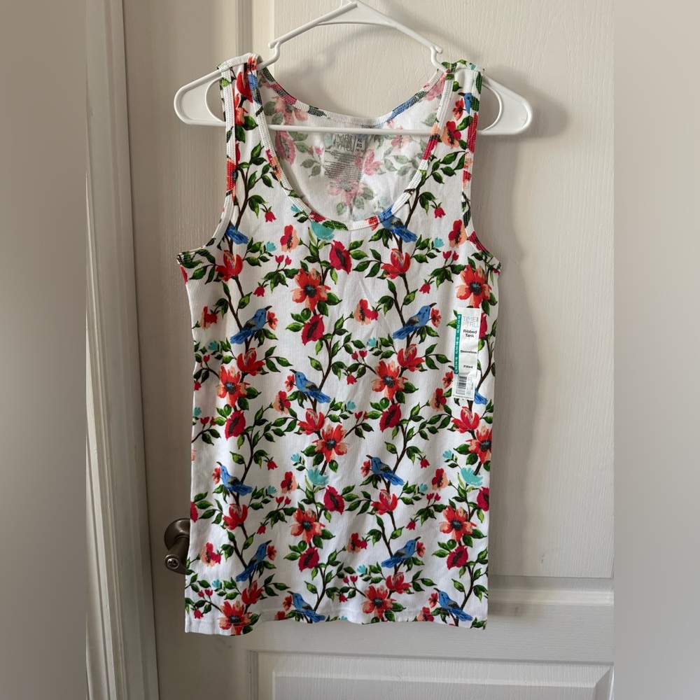 Time and Tru Floral Tank Top - White with Red and Green
